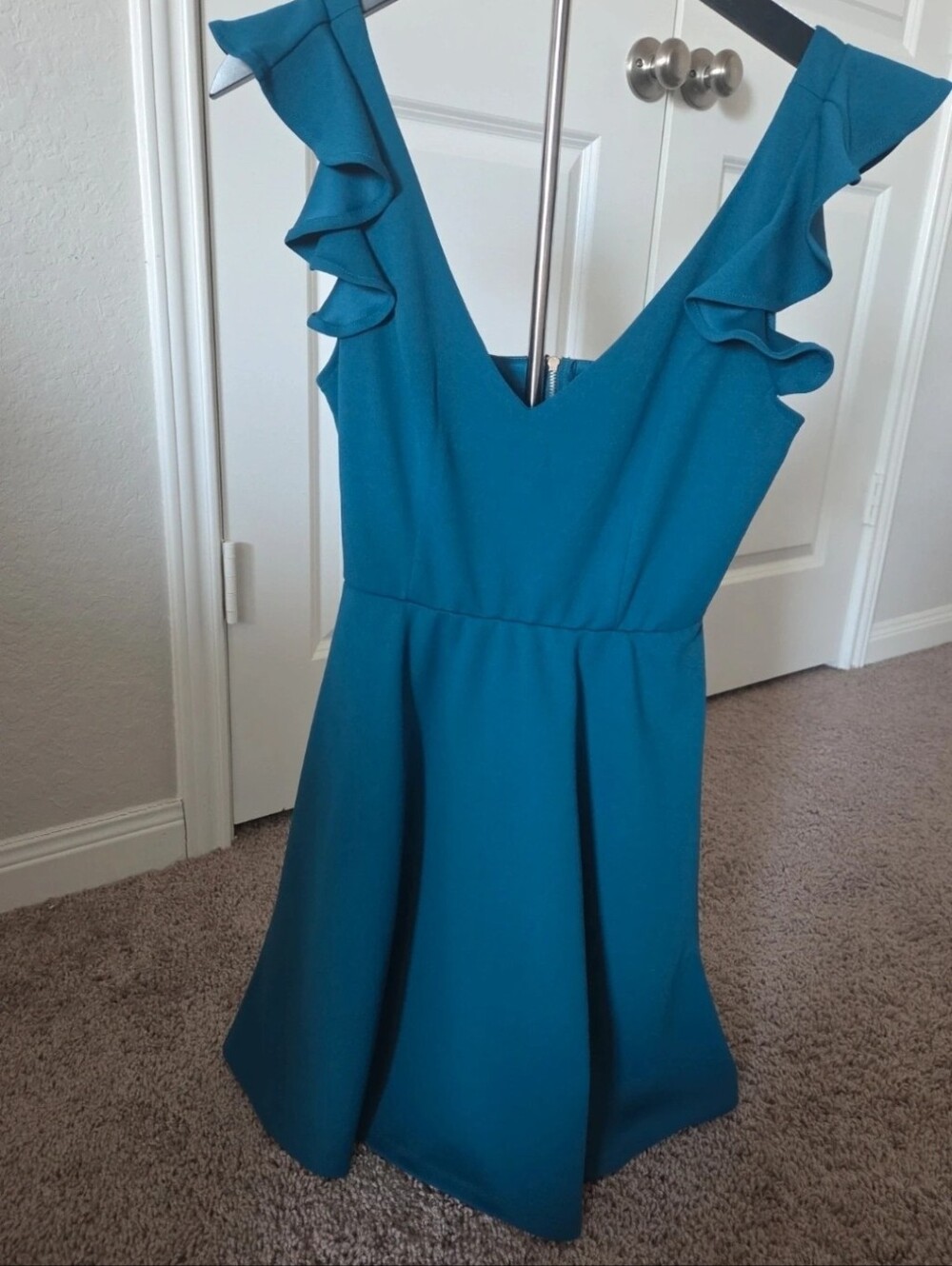 Mi Ami Teal Ruffle Sleeve V-Neck Women's Dress
